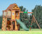 DOLPHIN PLAYGROUND Swing Set for Backyard with Slide, 2 Swings, Trapeze Bar, Climbing Wall, Play House for Kids Outdoors with Kitchen Toys and Wooden Roof – Cedar Wood Outdoor Playset for Ages 3+