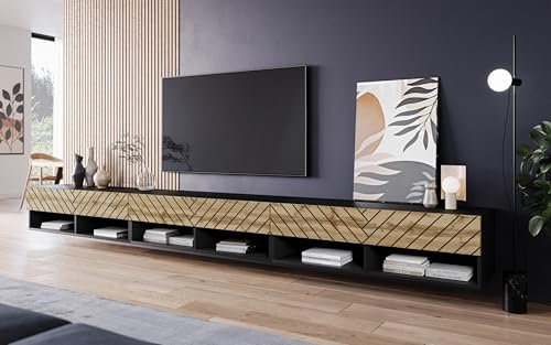 MINIO go for it - Meuble TV lowboard 300x30x33 cm, avec Portes en MDF et niches Ouvertes, Panneau de Particules mélaminé, avec éclairage LED, Noir Mat/Couleur chêne Wotan avec Motif à Chevrons 3D