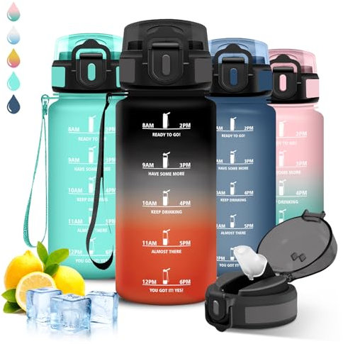 Gourde, 500ml Gourde Enfant, Gourde Paille, Anti Fuite, Gourde Graduée pour 1 Journee, Facile à Nettoyer, Gourde Reutilisable, avec Slogan de Motivation, Bouteille Horaire pour École, Bureau, Camping