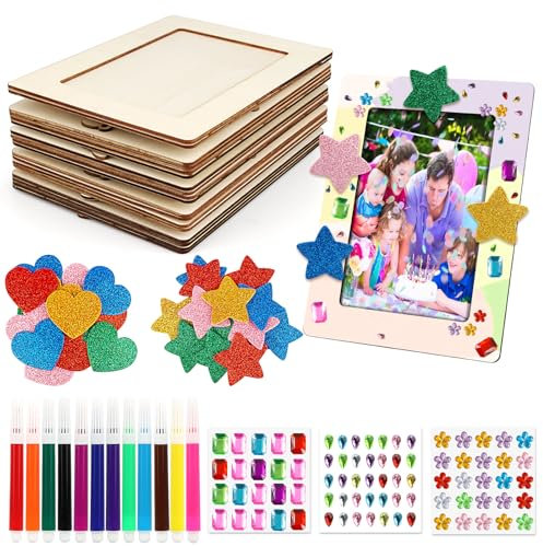 Powmag Bilderrahmen zum Bemalen, 10 Stück Bilderrahmen Holz Set，Holzbilderrahmen zum Bemalen, 20x15cm DIY Kinder Basteln Holzrahmen mit Glitzersteine Glitter Moosgummi Aufkleber