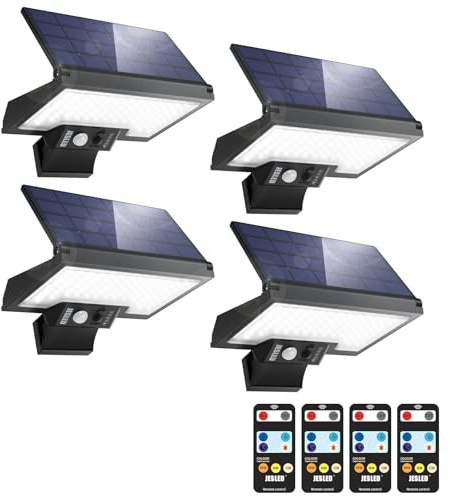 JESLED Solarlampen für Außen mit Bewegungsmelder, 108LEDs 3CCT Drehbare Solar Aussenleuchte, 4 Modi Solarleuchten Für Außen, IP65 Wasserdichte Wandlampe für Garten Hof Garage （4P）