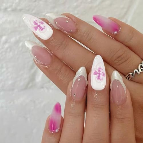 Auriselle Press on Nails Court 24 Pièces Françaises Faux Ongles Courts en Amande Ongles Artificiels Blancs et Violets Dégradé sur les Ongle avec Conception Fleur 3D