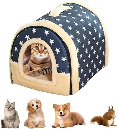 LOMUG Katzenhaus für Draußen, Faltbare Outdoor Katzenhöhle, Katzenhaus Winterfest Wasserdicht Wetterfester, Katzenbett Höhle für Hund Katze Kaninchen Meerschweinchen, 37x32x30cm