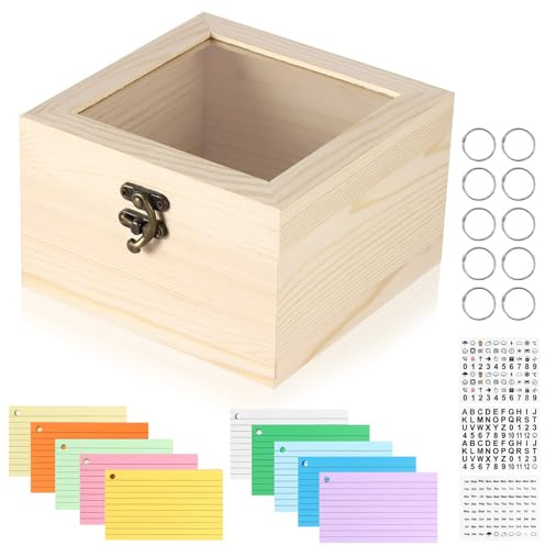 Tryora Karteikartenbox Set, Rezeptbox aus Holz 5 x 3 Karteikartenhalter mit 500 linierten Farbiger Karteikarten Lernkarten Rezeptnotizen Bürokontakte Ablage für Studienbüro Schulbedarf (Clear)
