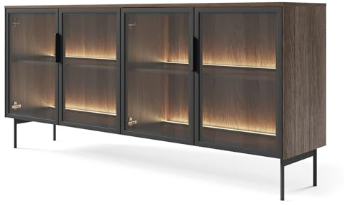 Selsey Kommode Schwarz, 181 x 39,3 cm breit Moderne Eleganz im Loft-Stil Eichenholz-Finish und gehämmertes Glas LED-Beleuchtung Perfekt für ESS und Wohnzimmer Mit Regalen und Stauraum