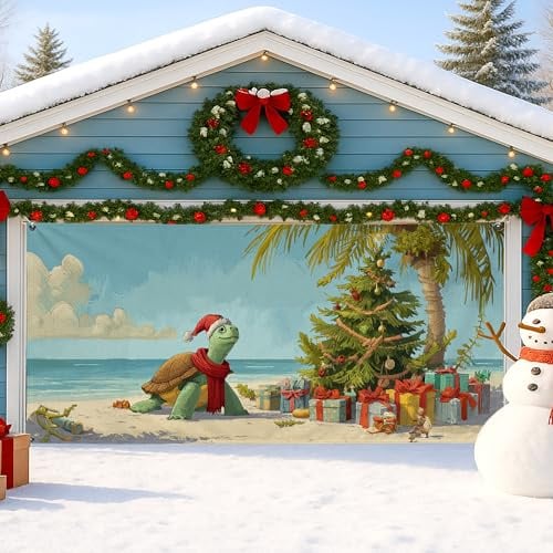 Tropische Weihnachts-Garagentorabdeckung, lustige Strandszene mit Schildkröte und Palmen, Feiertags-Outdoor-Dekorationen für Winterfeste, 395 x 180 cm