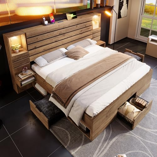 Lubvtti Letto matrimoniale in legno con faretti LED,USB+Type-C,nicchia illuminata,comodini sospesi,cassetti,struttura del letto matrimoniale con contenitore (C-rovere, 180x200)