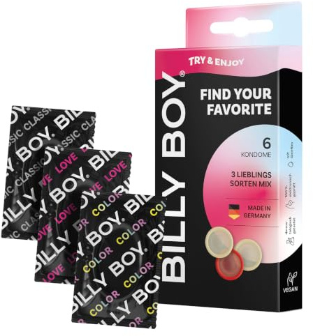 BILLY BOY FIND YOUR FAVORITE Kondome | 6er Mix Pack | 2 x Viel Gefühl, 2 x Länger Lieben, 2 x Bunten Vielfalt | Latexkondome