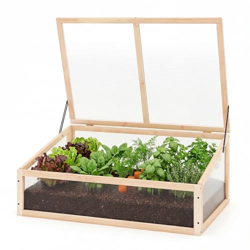 GYMAX Frühbeet Holz, Frühbeetaufsatz mit klappbares Dach, Fruhbeet Gewachshaus, Frühbeetkasten Aufsatz, Pflanzkasten für Balkon & Terrasse, 94 x 63 x 40 cm (Natur)