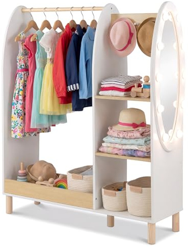COSTWAY Penderie Enfant avec Miroir en Acrylique et 10 Ampoules LED, Portant à Vêtements Enfant en Bois Massif avec 3 Étagères et 3 Crochets et Tringle, Armoire Montessori, 91x28x110 cm