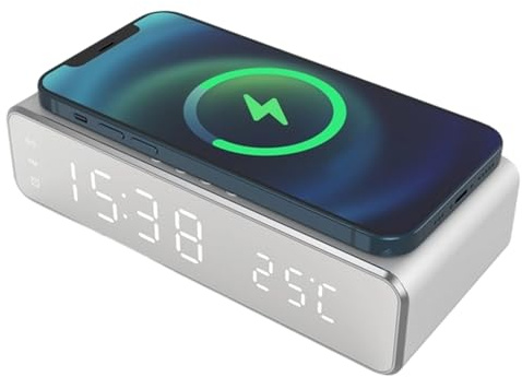 Station de Réveil avec Chargeur sans Fil,Support téléphone rétroéclairé LED avec afficheur de température | Réveil LED à Charge par Induction | pour Chambre, Bureau, Table de Nuit