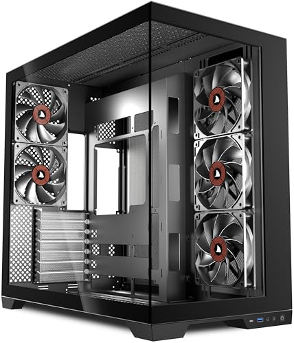 ANSAITE 420mm ATX PC Case- 5x Pre-Installed PWM Fans, Panoramic Mid-Tower Pc Case -USB Type-C,Large Dual Tempered Glass, Black,H9