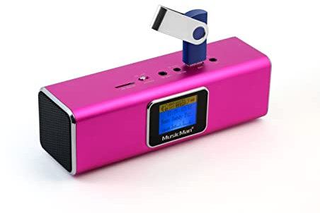 MusicMan Station audio MA/haut-parleur stéréo avec batterie intégrée et écran LCD (lecteur MP3, radio, emplacement pour carte micro SD, port USB) Rose