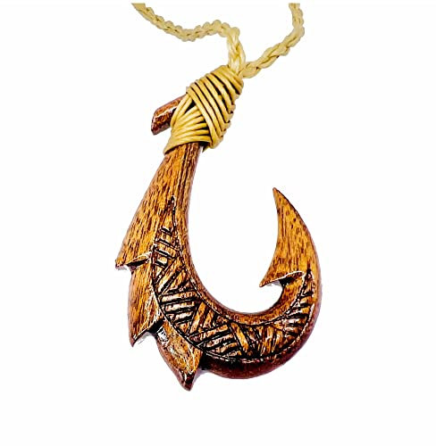 Hawaiian Jewelry Koa Wood Hand Carved Fish Hook Necklace from Maui, Hawaii