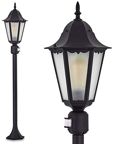 Außenleuchte Hongkong Frost m. Bewegungsmelder, Stehlampe in antikem Look, Aluguß in Schwarz matt m. Milchglas-Scheiben, Wegeleuchte 122cm, Retro/Vintage Gartenlampe, E27, IP44, ohne Leuchtmittel