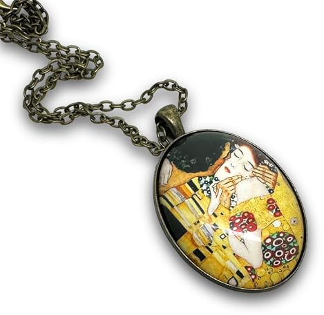 Klimt-Halskette, bronzefarbenes Sautoir mit illustriertem Glas-Cabochon, Schmuckset Der Kuss, Werk, Gemälde, Maler, Malerei, gelb, vergoldet, schwarz (ref.13).