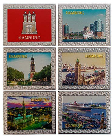 Hamburg Souvenir Kühlschrankmagnete - 6er Set Magnete mit verschiedenen Stadt-Motiven und Metallic Effekt