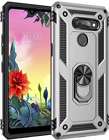 BestST Funda para LG K50S,Elegante Armadura híbrida Robusta Funda de Doble Capa de Alta Resistencia para PC Duro Caso con Anillo Grip Kickstand con HD Protector de Pantalla,Plata