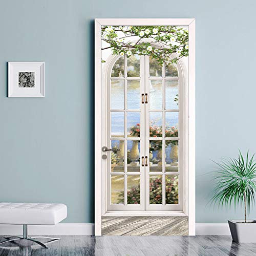 ANHHWW Türtapete Selbstklebend Wasserdicht Pvc Abnehmbar 88X200Cm Schöner Garten Seeblick Tapete Fototapete - Türposter Türaufkleber Für Wohnzimmer, Schlafzimmer Tür Dekoration
