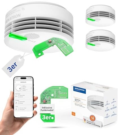 Hekatron Genius Plus X – Rauchmelder vernetzt 10 Jahre Batterie – mit Funkmodul Basis X – Testsieger Stiftung Warentest – made in Germany – Funkrauchmelder Set – mehrsprachig – 3 Stück