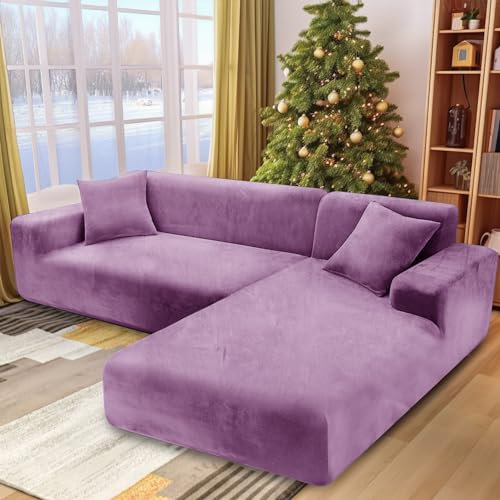 NAKIHOUSE Dicke Samt Sofa Überwürfe Sofabezug mit einem Kissenbezug, Superweicher Elastische Sofa Abdeckung in Purpurn Farbe für 1/2/3/4 Sitzer(L-förmiges Ecksofa erfordert Zwei)