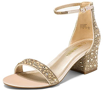 DREAM PAIRS Womens Bridal Sandals Glitter Ladies Mid Low Block Heels Ankle Strap Strappy Wedding Party Evening Prom Open Toe Shoes SDHS2202W,Size 7,Gold/Rhinestone,SDHS2202W