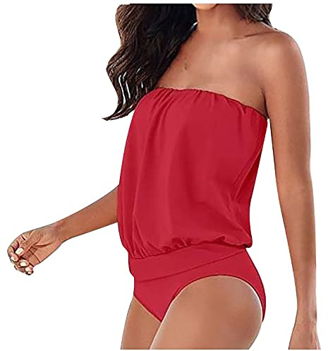 JJPAR Bikini Bandeau Femme 1 Pieces Cache Maillot de Bain Amincissant Gainant Ventre Plat Sexy Taille Haute Rembourré Menstrue Bustier Tankini Shorty Vintage Pas Cher Fête Plage Rouge M, (JJPAR)