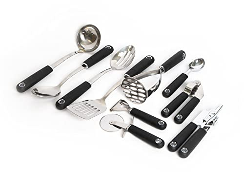 MasterClass 10 Piece Stainless Steel Kitchen Utensils Set Including Spoons, Ladle, Masher, Peeler, Pizza Cutter and Garlic Press