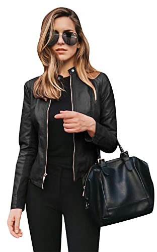 YMING Blouson Faux Cuir Femme Veste Biker Courte Col Inversé Blouson Moto Veste Vinge Noir XL