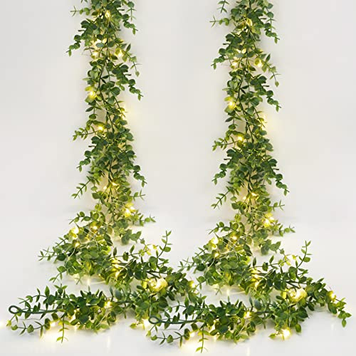 2 Pack Eucalyptus Garland with LED Lights String 12Ft Greenery Garland
