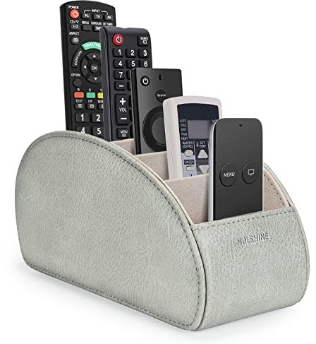 molshine Remote Control Holder with 5 Compartments,Pu Leather Office Organization Storage Caddy Box for Tv Remote,Heater Controllers,Media Player,Office Supplies,Makeup Brush (Light Grey)