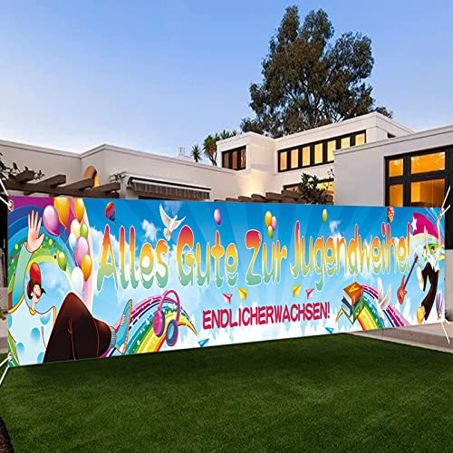 250 x 45cm Jugendweihe Deko Alles Gute zur Jugendweihe Banner Bunt Endlich Erwachsen Party Dekoration Hängedeko Jugendweihe Garten Außen Deko Jungen Mädchen Foto Hintergrund