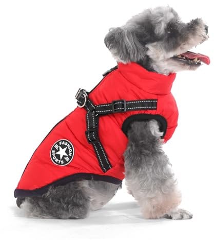 Aywoja Warme Hundemantel Winter, Hundemantel mit Geschirr, Hundemantel für Kleine Hunde Hundemantel Wasserdicht Maschinen Waschbarer Reflektierender Streifen Design Haltbarer D-Ring
