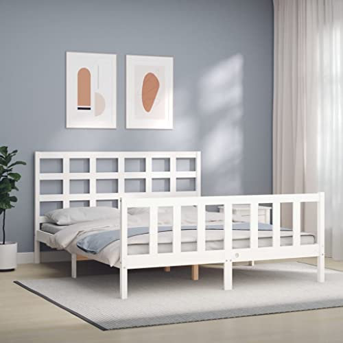 Camerina Bettgestell mit Kopfteil Weiß 180x200 cm Massivholz Bed Frame Polsterbett Queen with Headboard