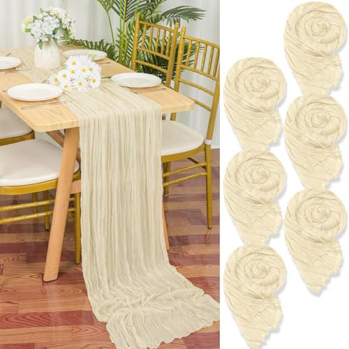 6 Stück Seihtuch-Tischläufer Hell Beige,90 x 300 cm Elfenbein Rustikaler Gaze-Stoff Boho-Tischläufer Käsetuch Cheesecloth Tischläufer Hochzeit Tischdecke für Hochzeitsfeier Brautparty Tischdekoration