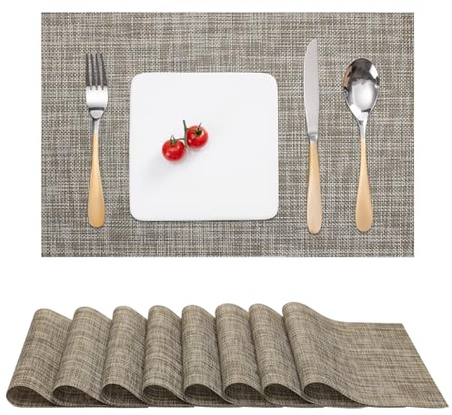 Myir JUN Table Mats Placemats Set of 8 Place Mats for Table Woven Vinyl | Washable Non-slip Outdoor Heat Insulation for Kitchen Dinning Restaurant 30x43.5 cm (Caramel)