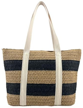 MODELISA - Bolso Tote Rafia Paja Hombro Playa Verano Grande Mujer (Marrón/Negro)