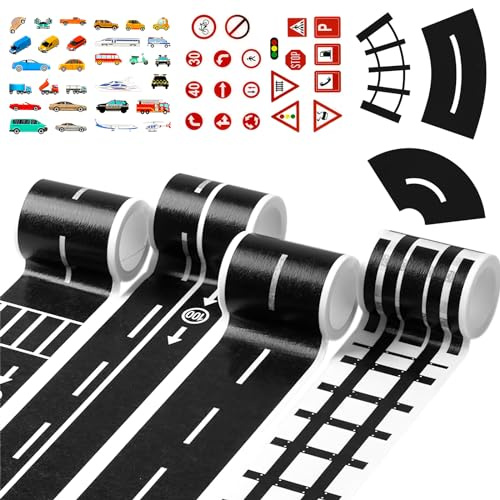 Road Tape for Toy Cars - 11 Pieces DIY Traffic Sign Set, Train Track Model, Washi Tape Car Stickers, Sticker Rolls for Developing Children's Imagination