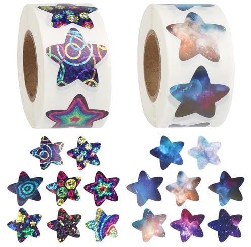 1000 Stück Sterne Aufkleber, Sticker Sterne Space Theme, 2,5cm Selbstklebende Glitzer Sticker Rolle, Hologramm Belohnungssticker für Bastelarbeiten, Aktivitäten Bunt