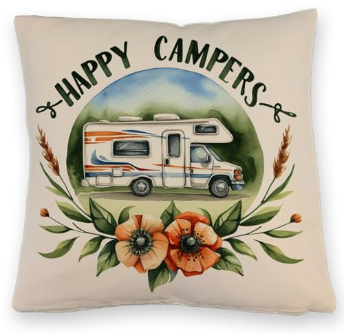 speecheese Wohnmobil Happy Campers Kissen mit Leinenoptik Glückliche Camper Wohnmobil im Hintergrund Perfektes Deko-Kissen mit Leinenoptik Natur