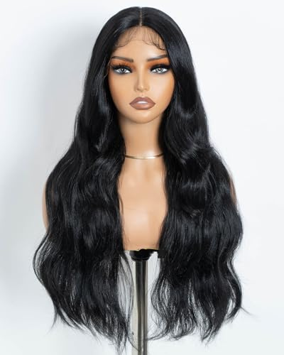 Style Icon Lange Schwarze Welle Synthetische Lace Front Perücke 28 Zoll Lange Body Wave Perücke T Part Lace Vorgezupftes Baby Haar (1B)