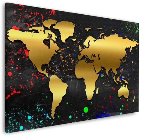 Goldene Weltkarte Landkarte Wandbild Leinwandbild Kunstdruck XL Wanddeko Größe 60x40x2cm