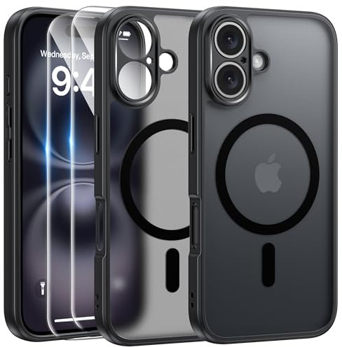 FLLAO Cover Magnetica per iPhone 16 Custodia e 2 Pellicole in Vetro Temperato, Cover iPhone 16 Compatibile con Magsafe, Custodia Traslucida Opaca Posteriore Sottile Antiurto Protettiva Case, Nero