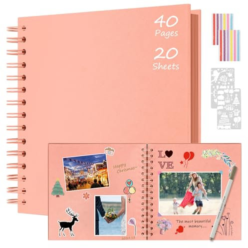 Boic Album Photo Scrapbooking 21x21cm, Fait à La Main Album Spirale 40 Pages, Livre D'or pour Voyage Mariage, Cadeaux de Noël Anniversaire Cadeaux de Saint-Valentin (Rose)