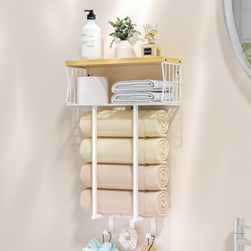 HapiRm Towel Rack Wall Mounted - Multi-Functional Storage Rack with Hooks, Space-Saving Towel Storage for Accessories, Suits Bathroom or Toilet, White