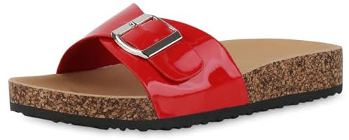 VAN HILL Damen Pantoletten Flach Lack Bequem Schuhe 216162 Rot Lack 36