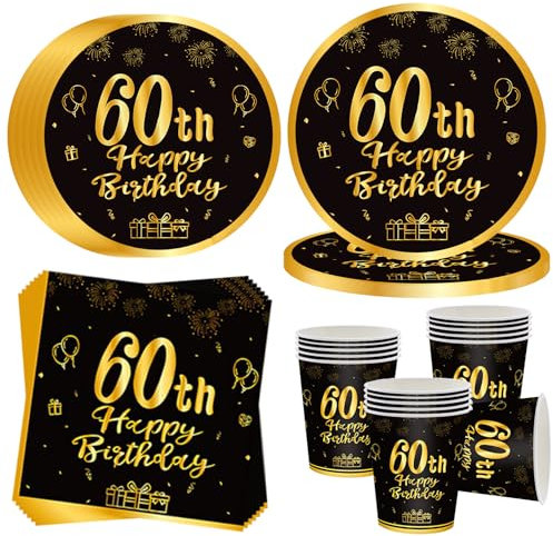 OMZSXK Vajilla de fiesta de 60 cumpleaños para 16 invitados, color negro y dorado para 60 cumpleaños, platos de papel para 60 cumpleaños, servilletas para hombres y mujeres, decoración de feliz