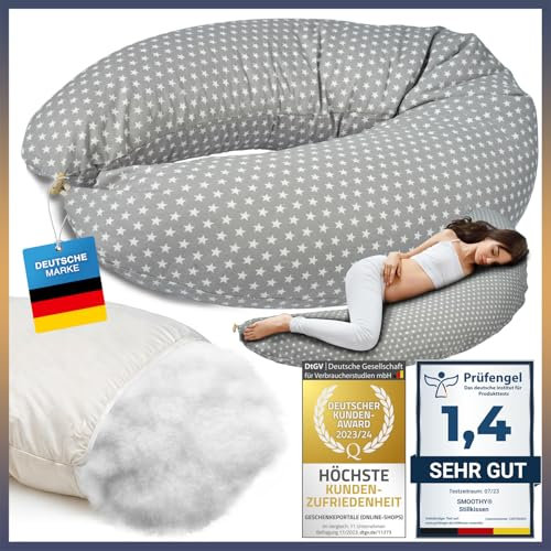SMOOTHY® Stillkissen Schwangerschaftskissen XXL Premium Seitenschläfer-Kissen; Baumwoll-Bezug Schlafkissen & Lagerungs-Kissen für Mutter (Grau Sterne, Bezug + Kissenwatte (Selbstbefüllung))