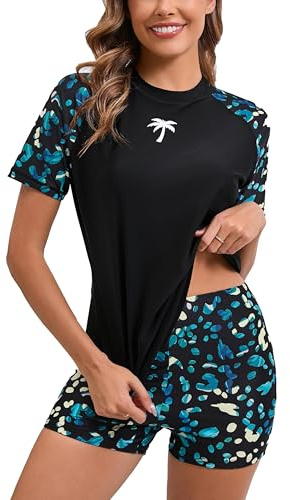 Halcurt Women's Rashguard Swimming Suit Short Sleeve Water Shirt and Shorts Black XL