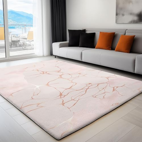 Marmorstruktur Teppich Wohnzimmer 80x150cm, Marmor Roségold Linien Weich Kurzflor rutschfest Waschbar Teppich für Flur, Esszimmer, Küche und Kinderzimmer